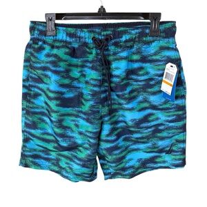 Nautica Blue and Green Swim Trunks with Dynamic Water Pattern